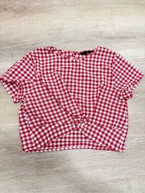 SHEIN Red and White Gingham Twist-Front Crop Top
